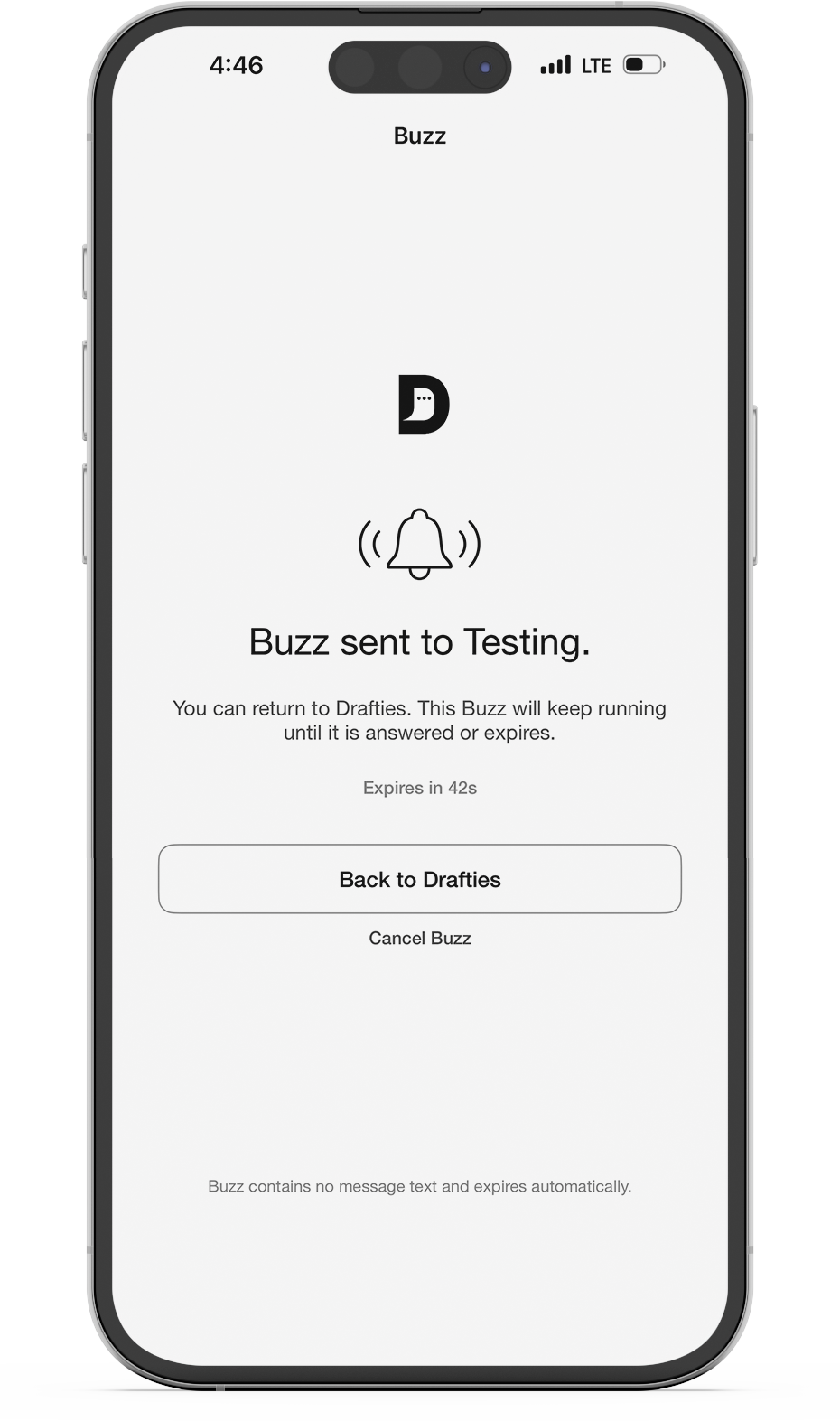 Drafty Buzz screen showing a Buzz sent to another Drafty