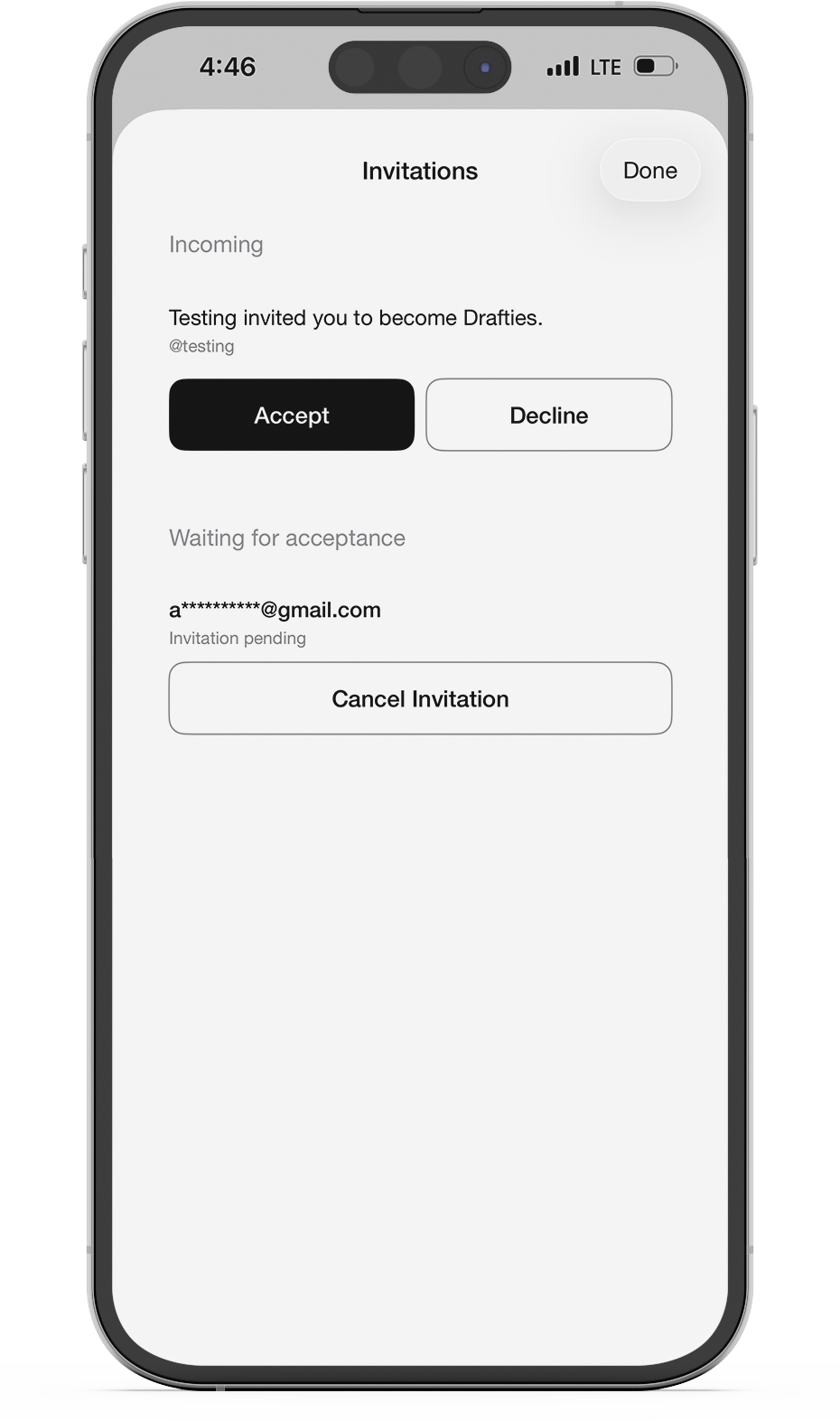 Drafty invitations screen showing an incoming invitation and a pending invitation